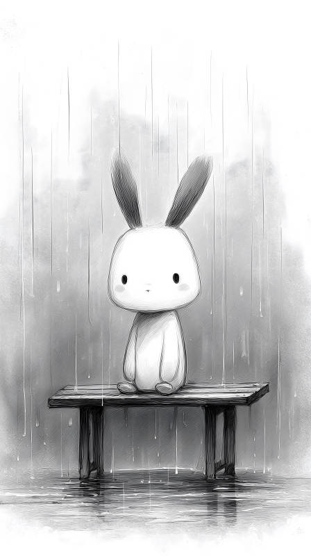 雨中兔子独自等待-图片