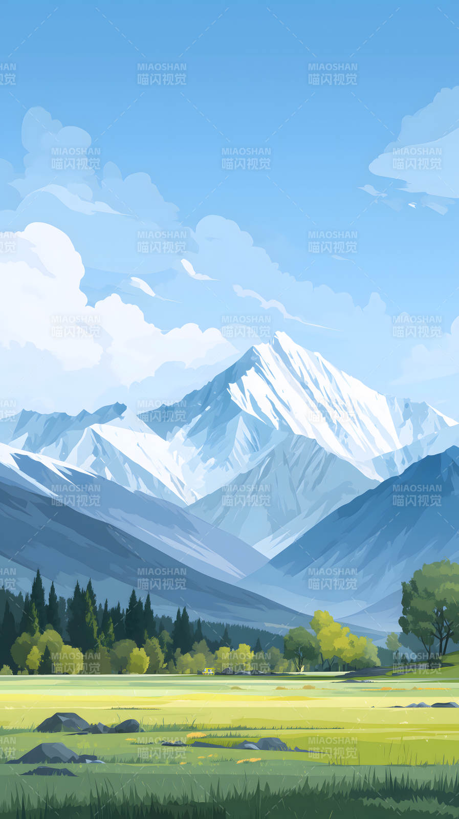 雪山下的草原風景如畫-圖片