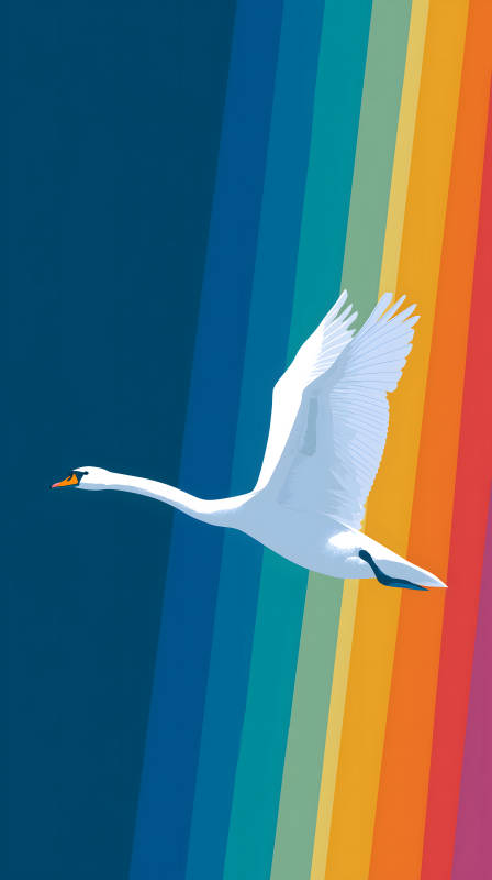 天鵝飛翔彩虹之上-圖片