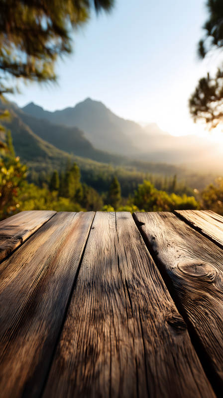 木桌遠山風景陽光明媚-圖片