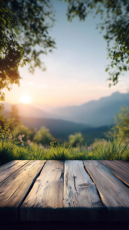 木桌與山景-圖片