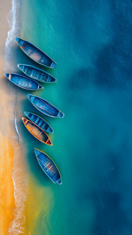 海灘船只排列美景-圖片