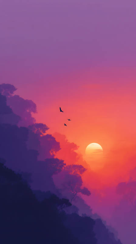 落日余暉鳥兒飛翔-圖片