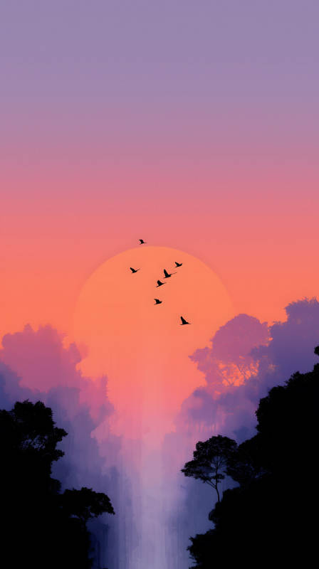 夕陽飛鳥剪影美景-圖片