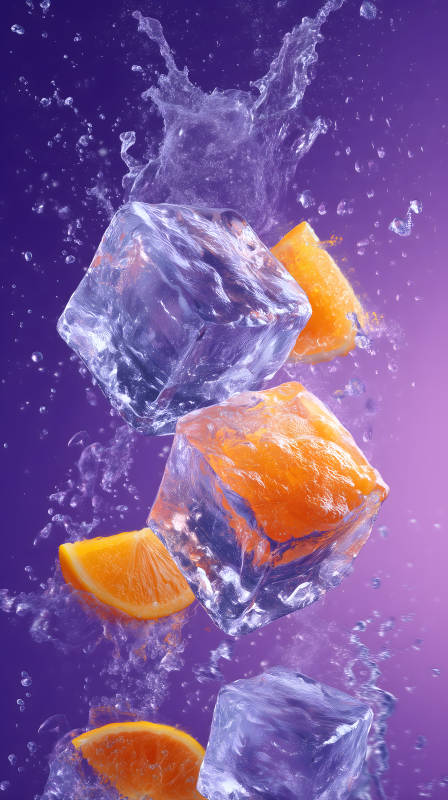 冰块橙子飞溅特写-图片