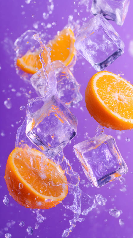 橙子与冰块飞溅-图片