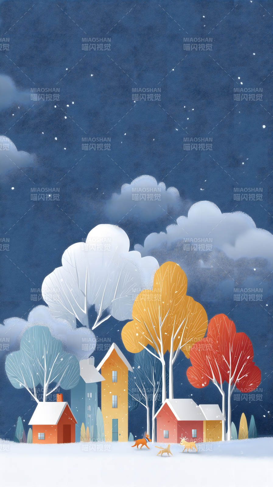 冬日小鎮風景繪圖-圖片