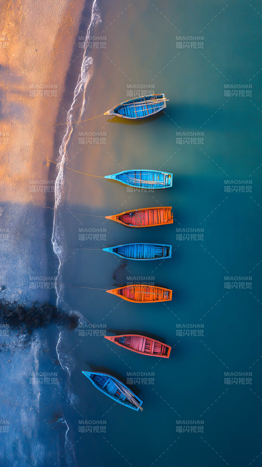 彩色小船停靠海滩-图片