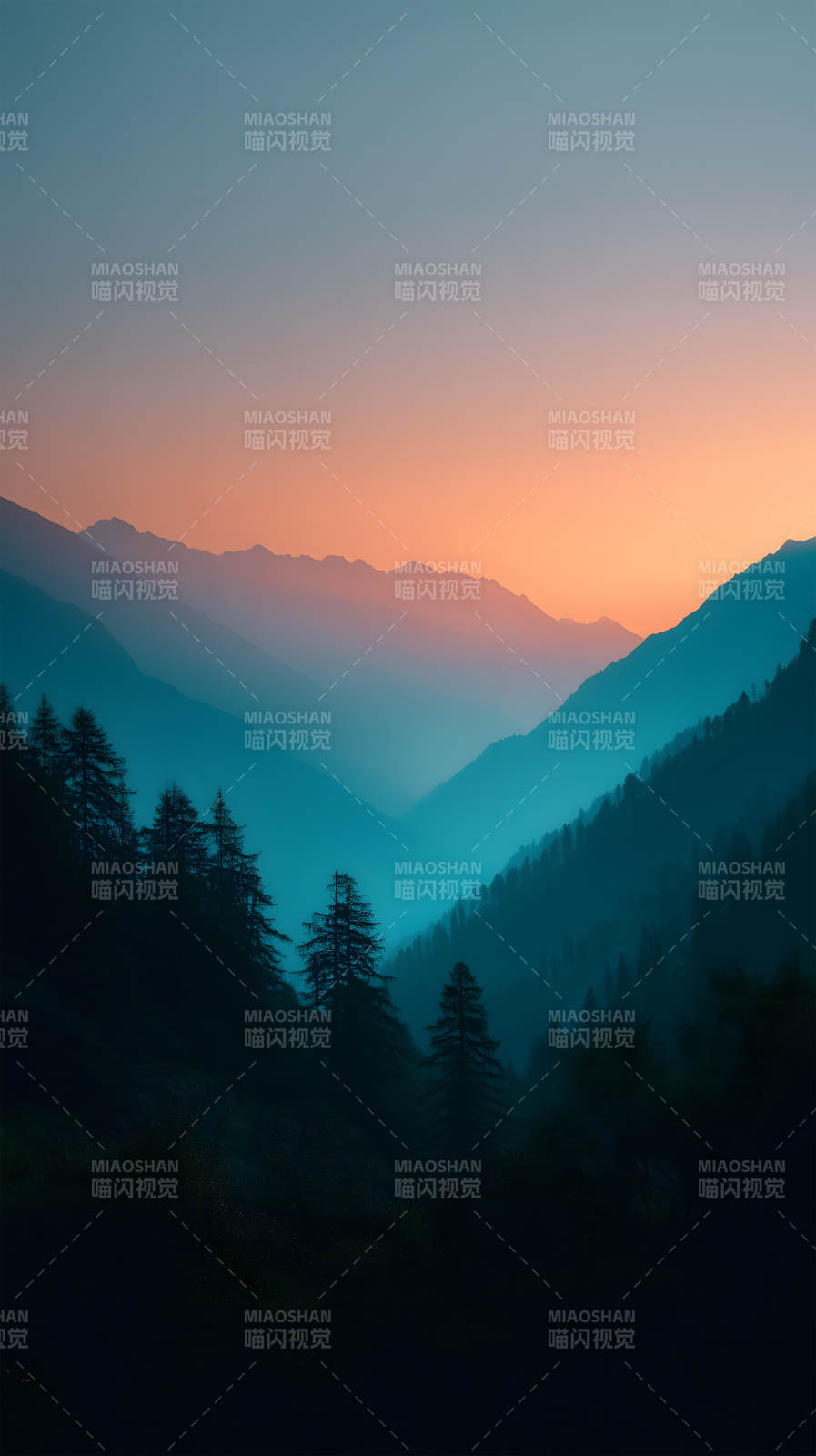 山峦夕阳下的森林-图片