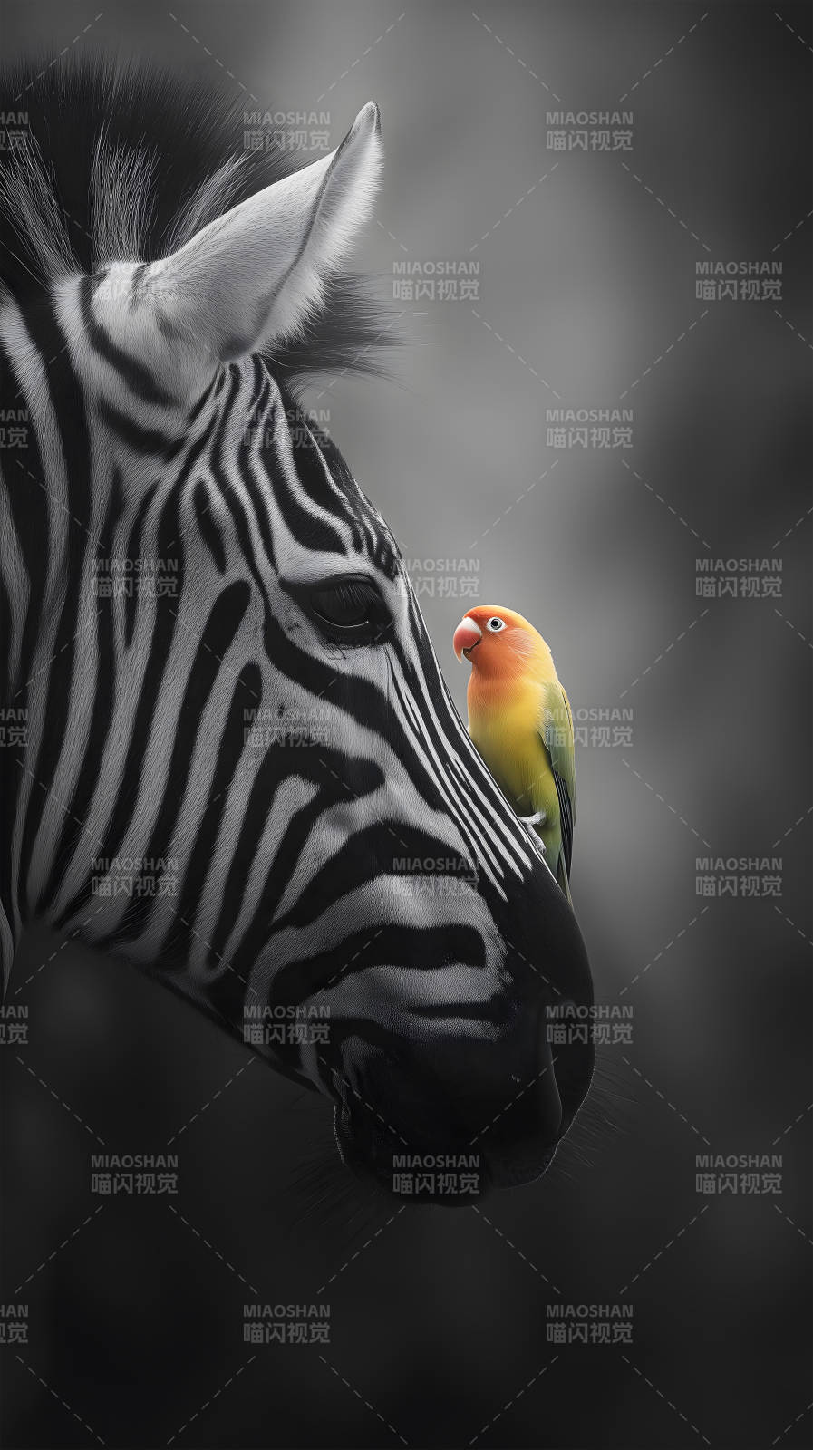 斑马与鹦鹉依偎-图片