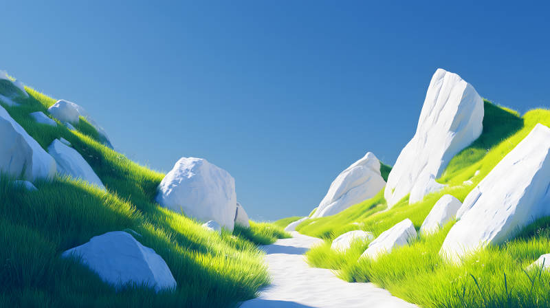 山間小路綠草白石藍天-圖片