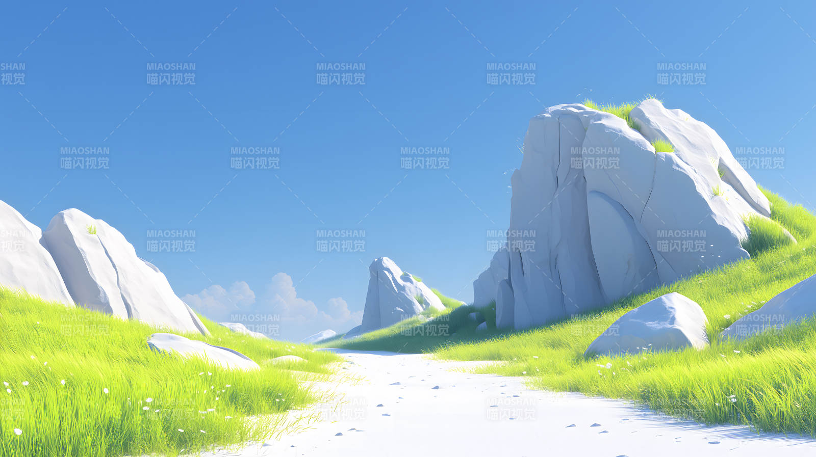 山石綠草藍天純凈風景-圖片