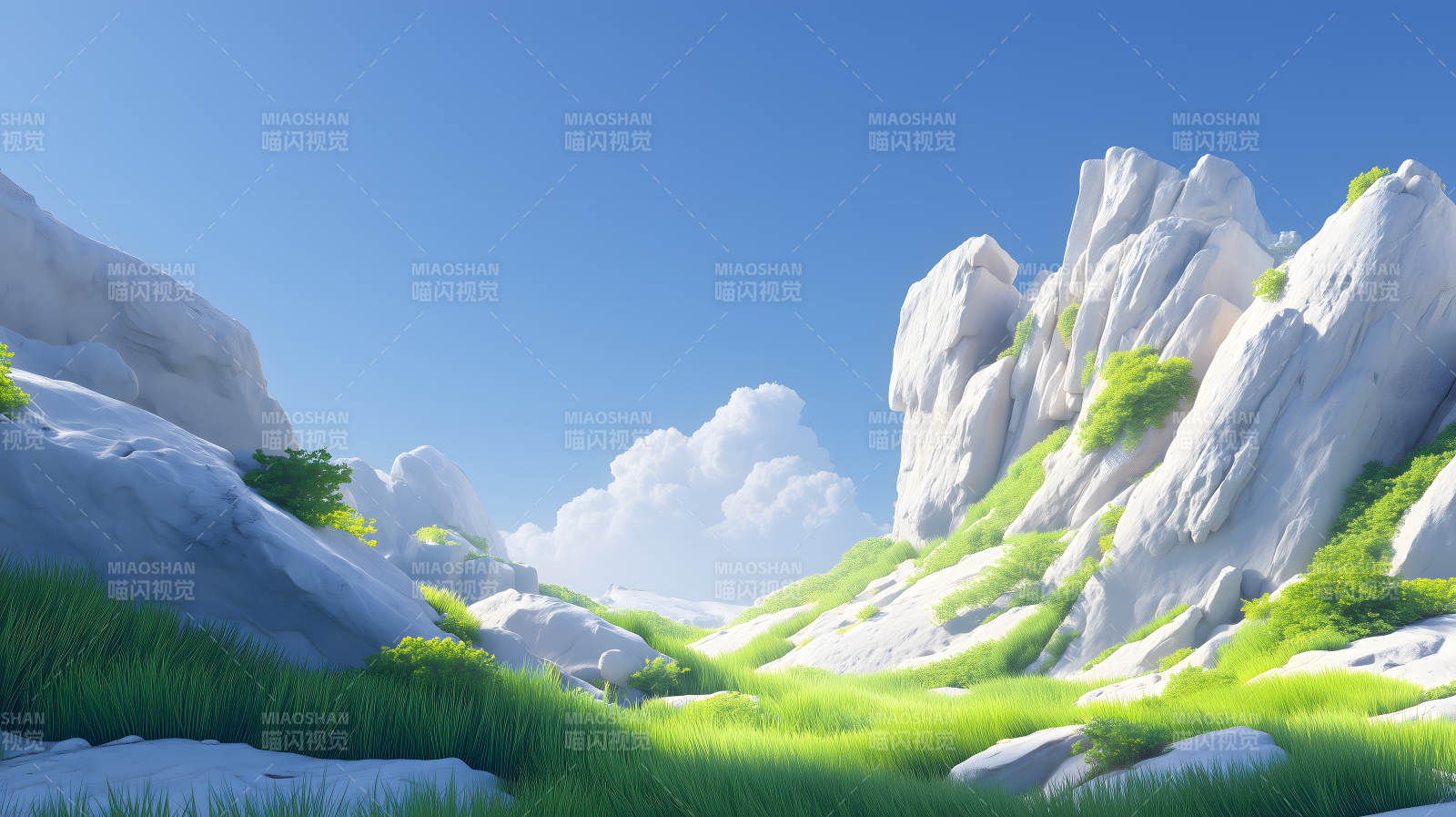 山谷草地蓝天白云-图片