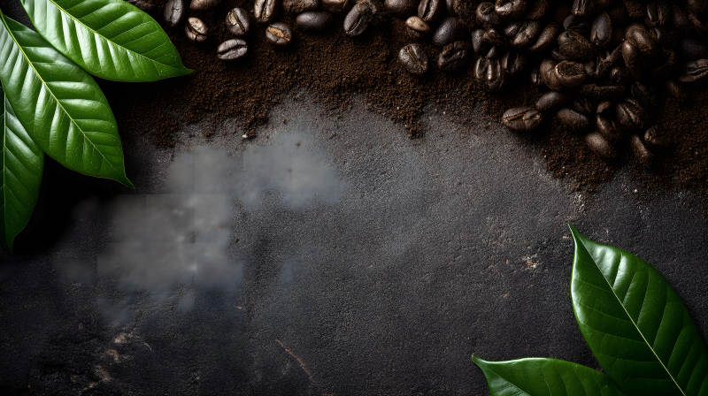 咖啡豆與綠葉特寫-圖片