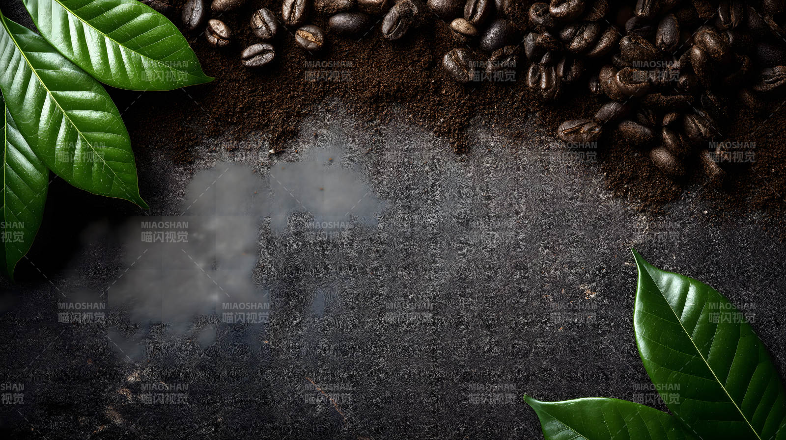 咖啡豆與綠葉特寫-圖片