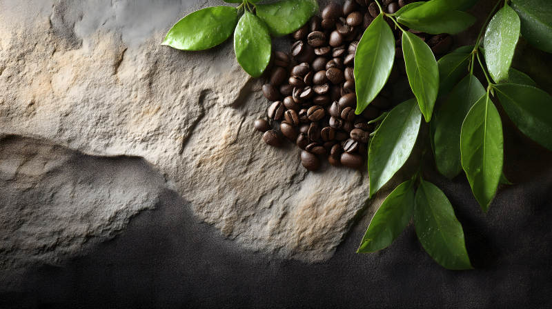 咖啡豆與綠葉特寫-圖片
