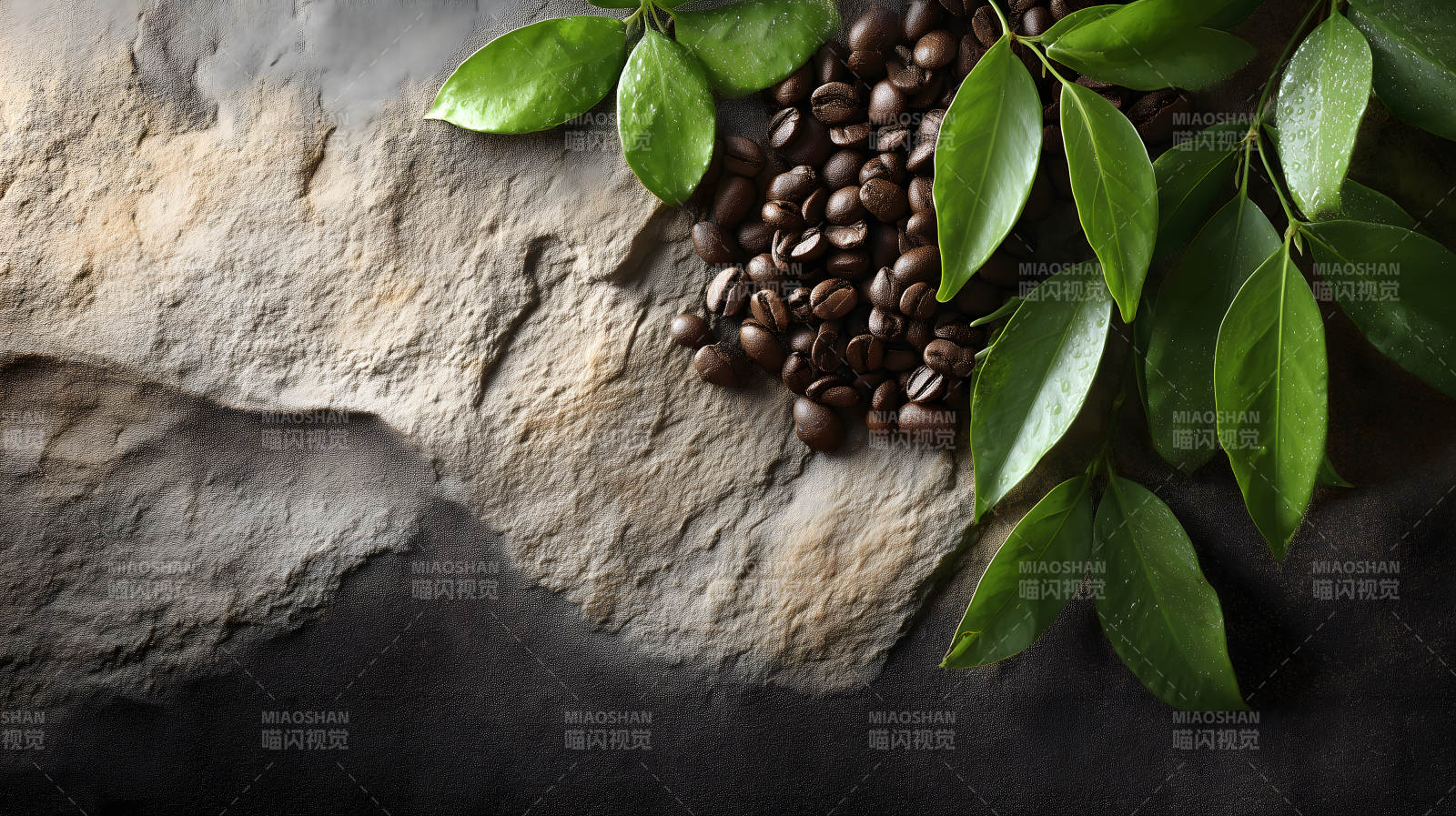 咖啡豆與綠葉特寫-圖片