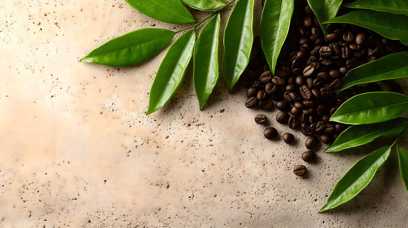 咖啡豆和綠葉裝飾-圖片