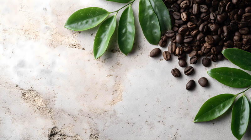 咖啡豆與綠葉的靜物-圖片
