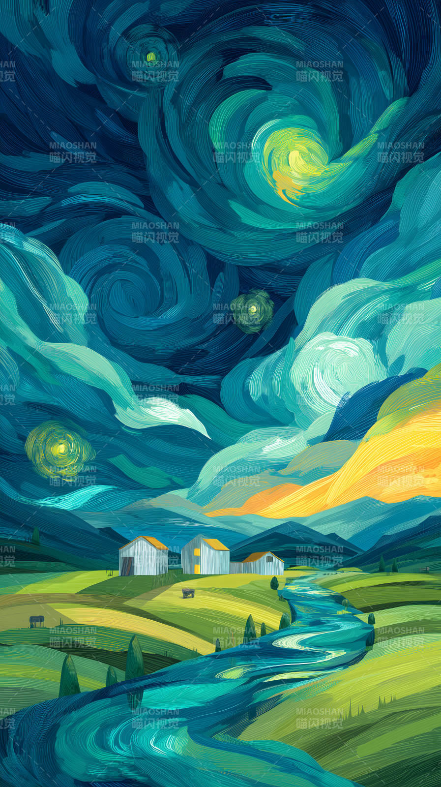 星空下鄉村風景油畫-圖片