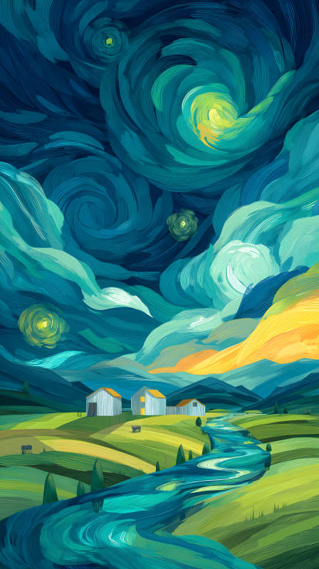 星空下鄉(xiāng)村風(fēng)景油畫(huà)-圖片