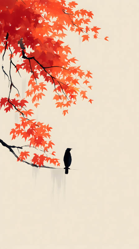 紅葉枝頭鳥兒靜默-圖片