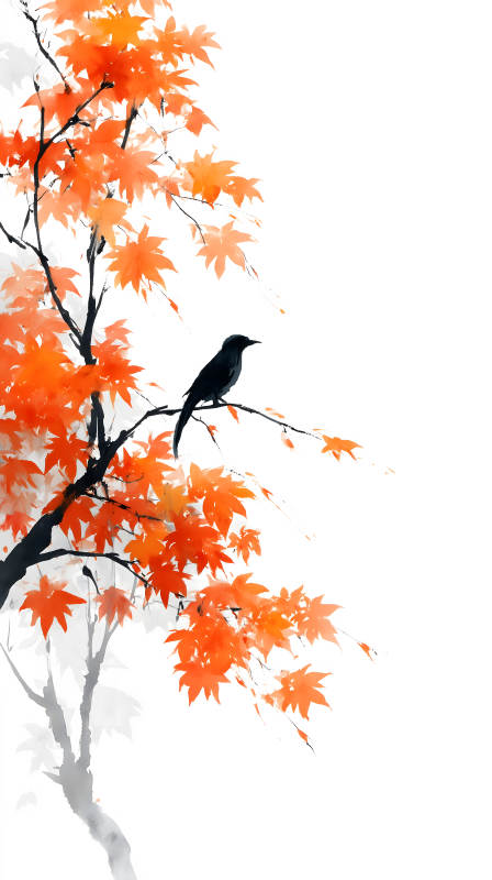 秋葉枝頭鳥兒靜默-圖片