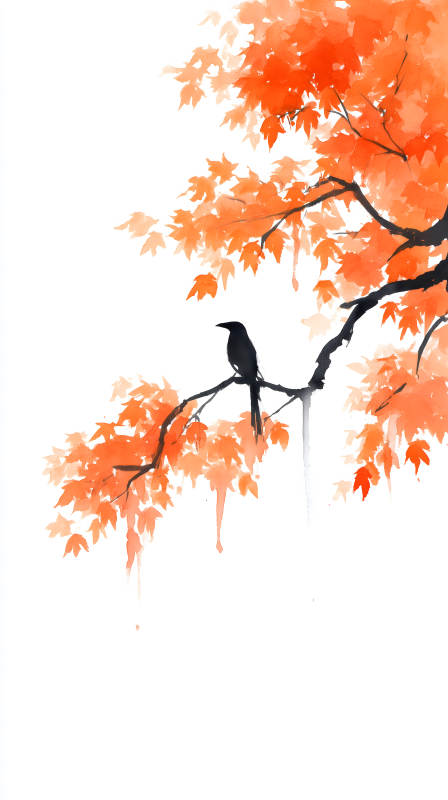 秋日紅葉枝頭黑鳥-圖片