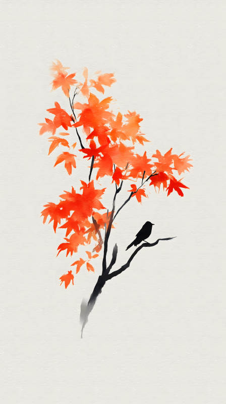 秋日紅葉鳥影-圖片