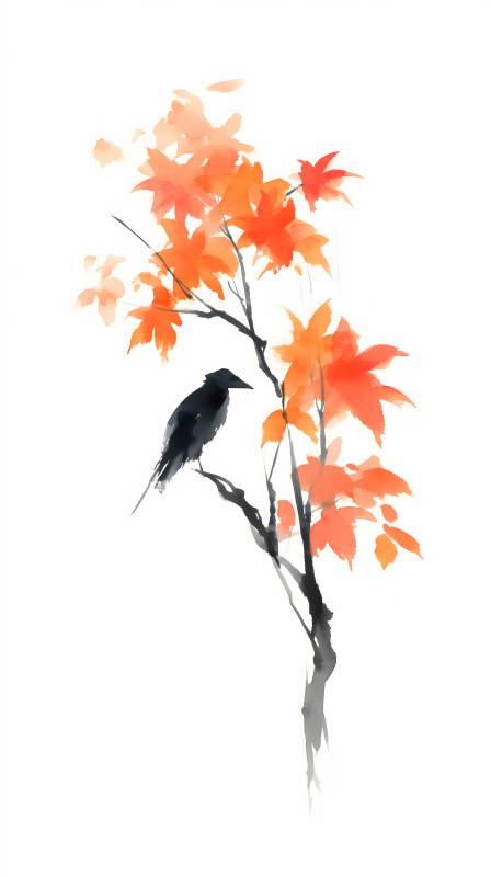 秋日楓樹烏鴉圖-圖片