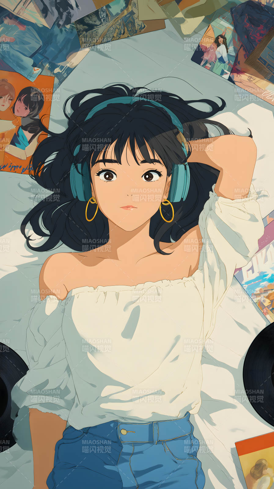 女孩躺在唱片上聽音樂-圖片