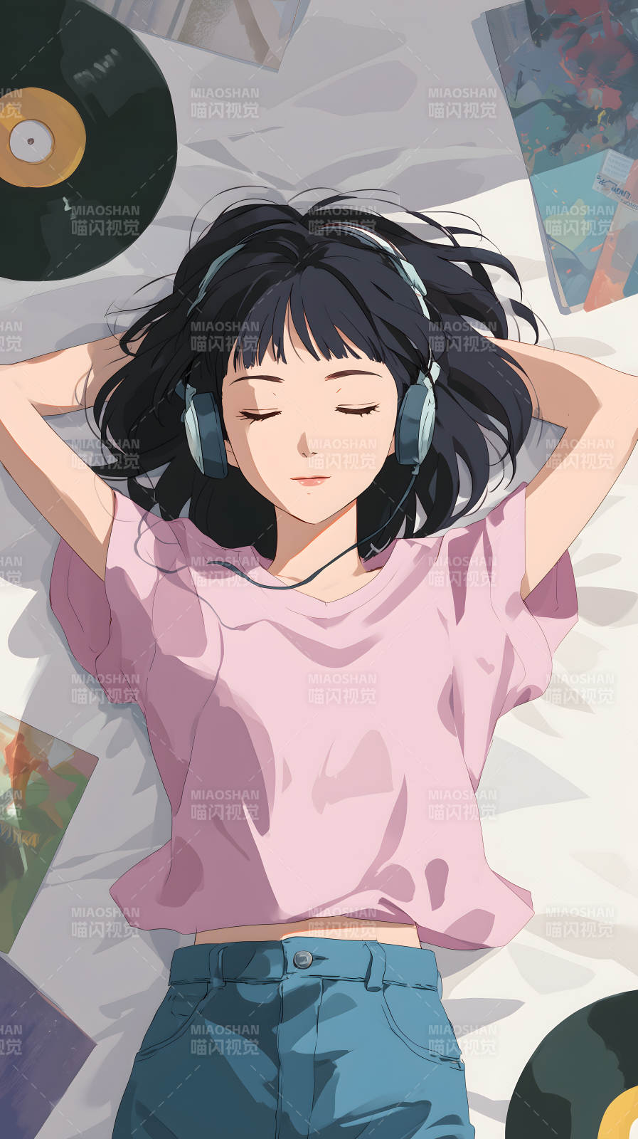 女孩聽歌放松享受音樂-圖片