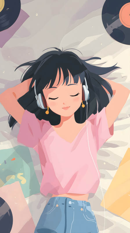 女孩聽音樂休閑-圖片