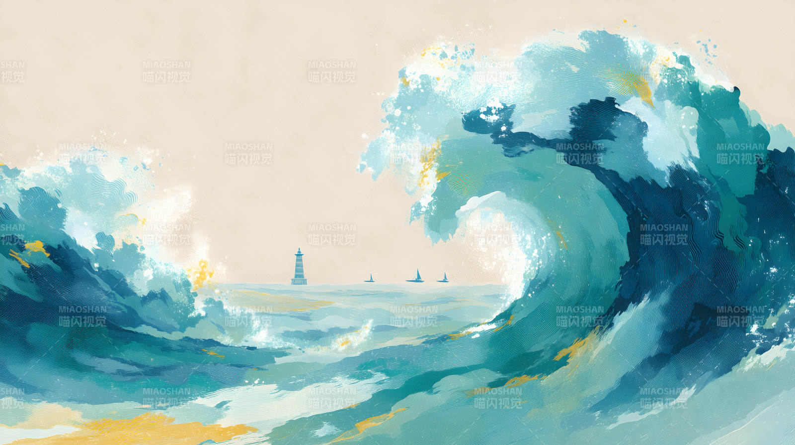 巨浪海景燈塔風(fēng)景畫-圖片