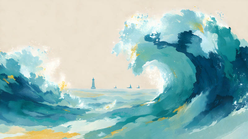 巨浪海景燈塔風景畫-圖片