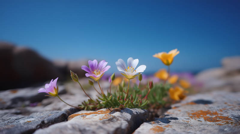 綻放的花朵與巖石-圖片
