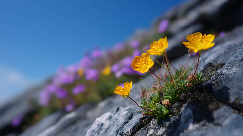 巖石上的黃色花朵-圖片