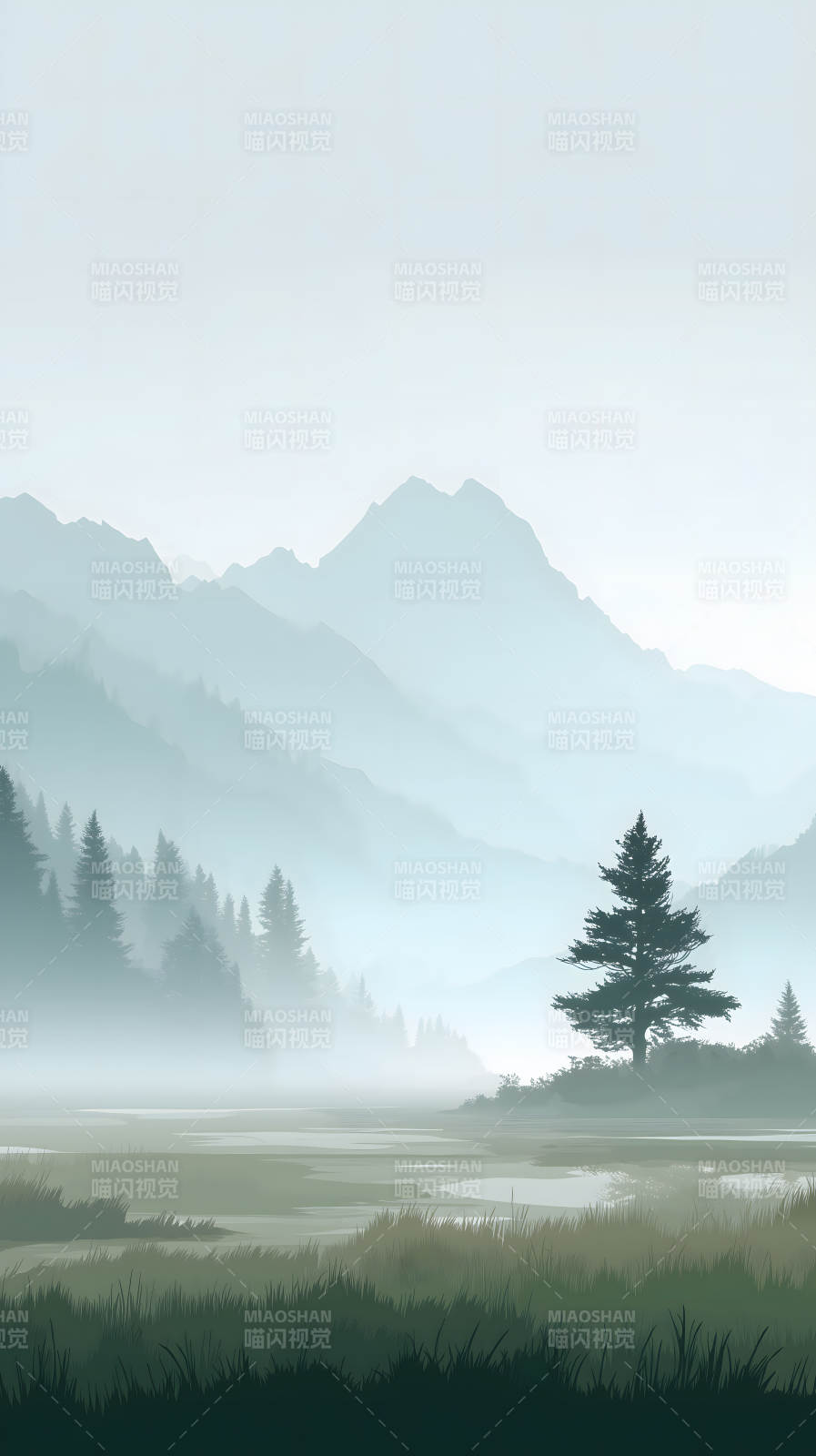 霧中森林山水畫-圖片