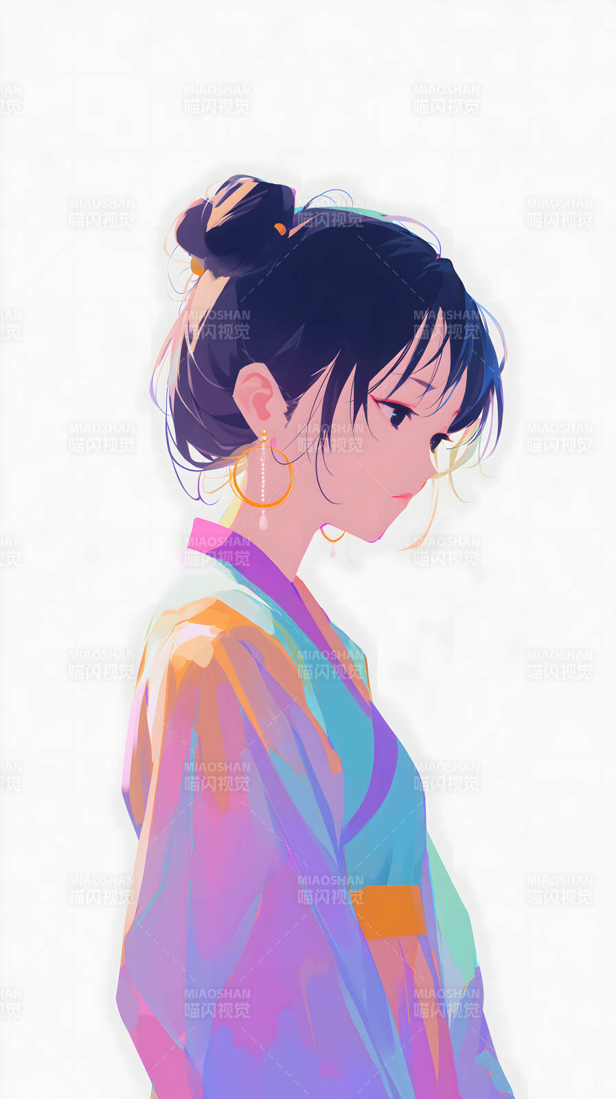 和服少女低頭沉思-圖片