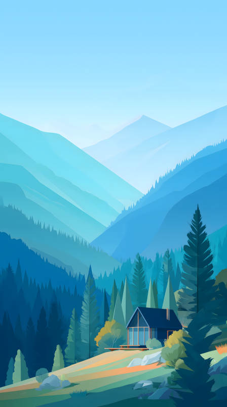 山林小屋遠山疊嶂藍調風景-圖片