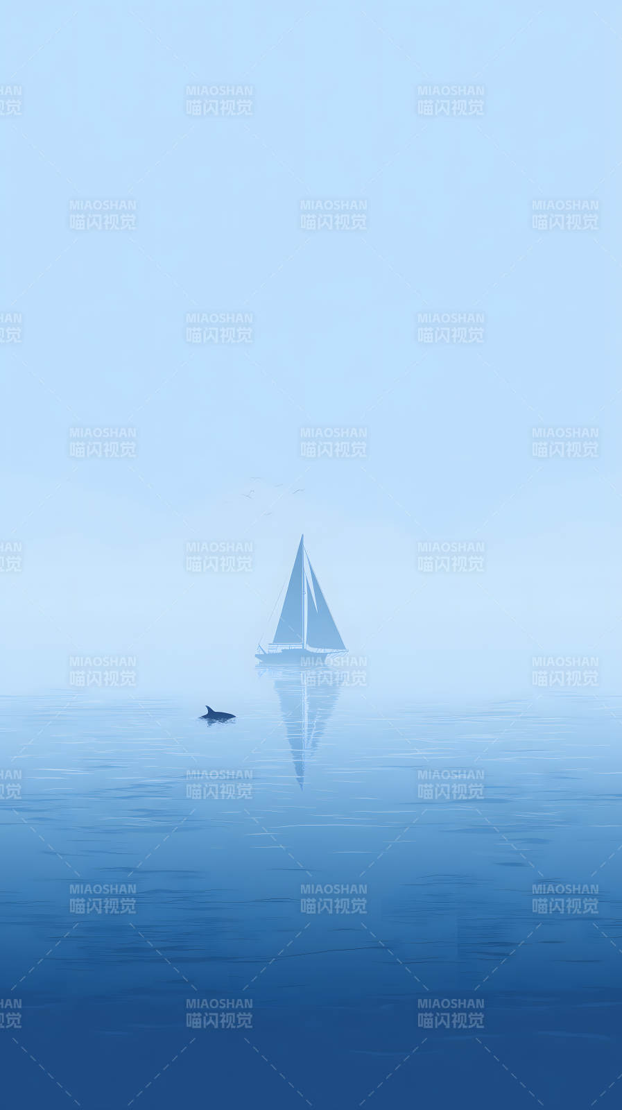 帆船與海豚的寧靜畫面-圖片
