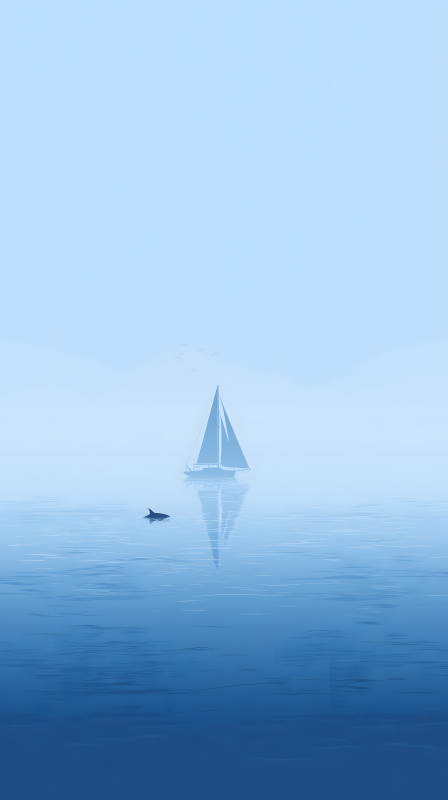 帆船與海豚的寧靜畫面-圖片