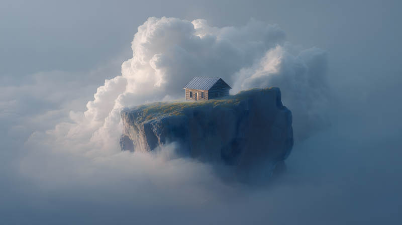 云中木屋孤立峭壁風(fēng)景-圖片