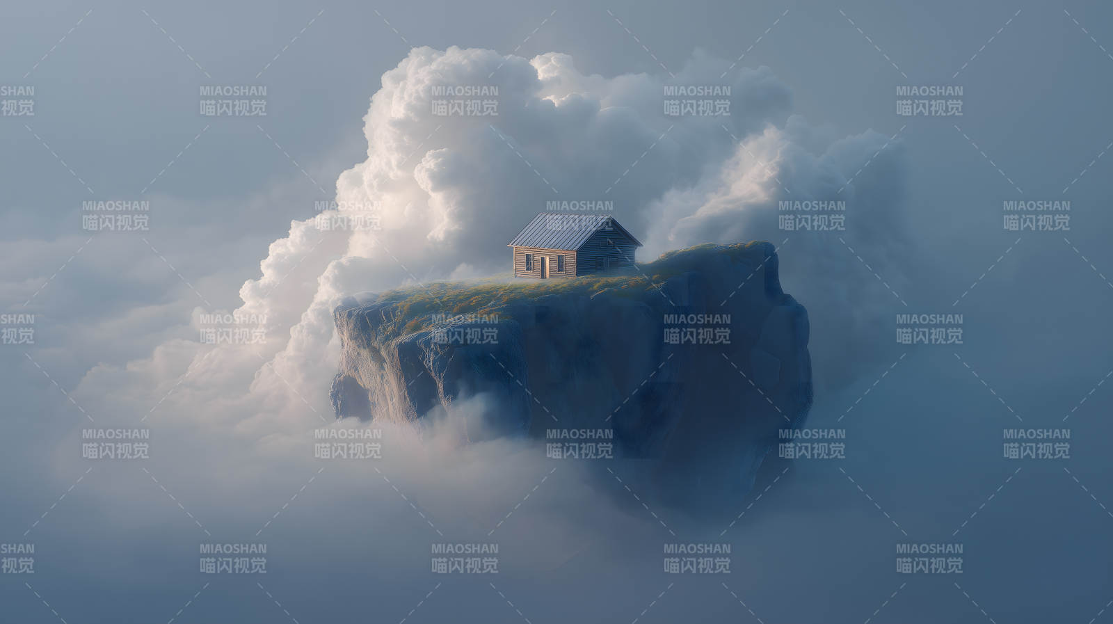 云中木屋孤立峭壁風景-圖片