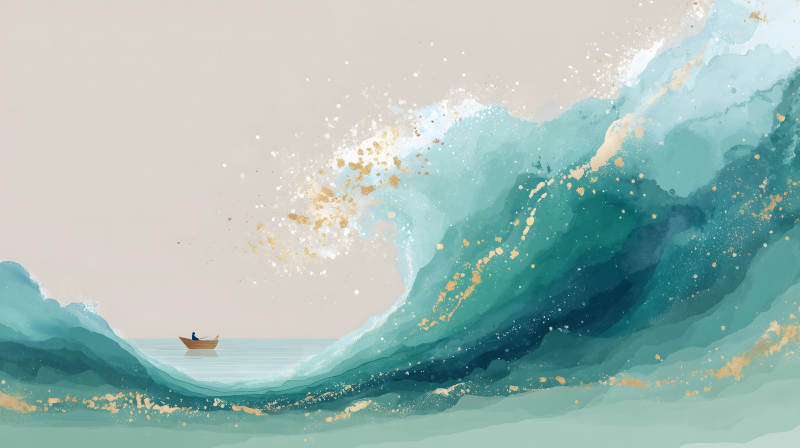 水墨巨浪小舟-圖片