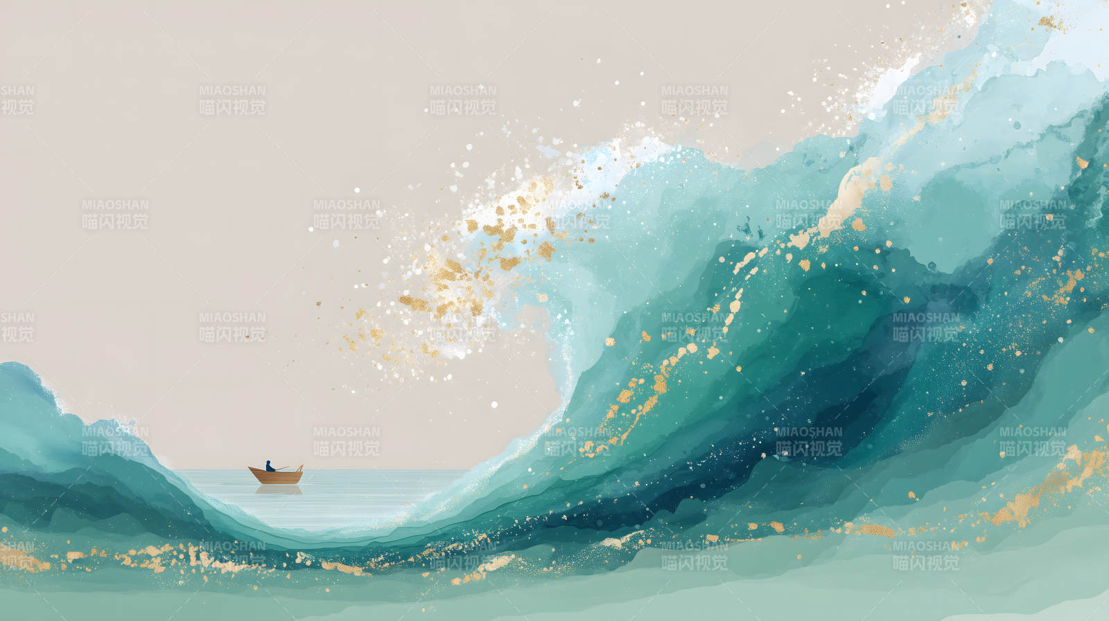 水墨巨浪小舟-圖片