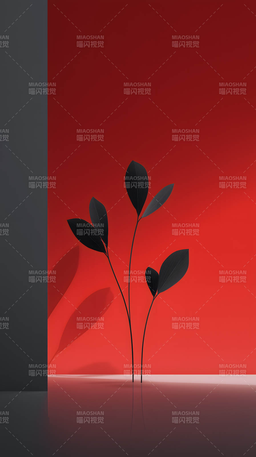 黑葉紅墻簡約藝術-圖片