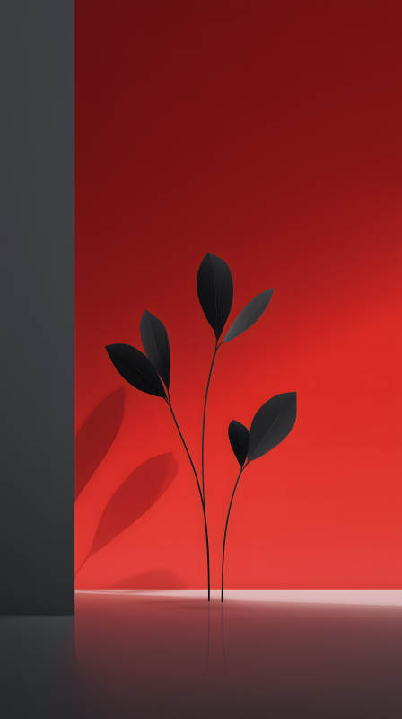 黑葉紅墻簡約藝術-圖片