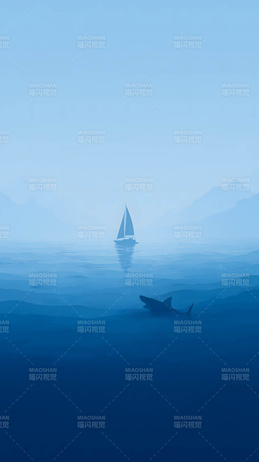 海面上的帆船與鯊魚-圖片