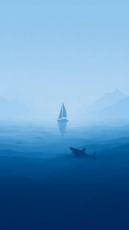 海面上的帆船與鯊魚-圖片